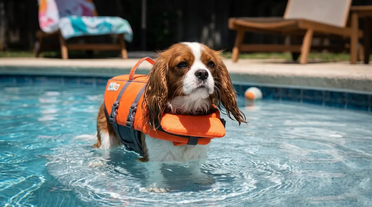 Outward Hound Granby Splash dog life jacket — high-visibility orange with reflective trim, chin float keeping head above water, and dual top grab handles for one-motion lift-out