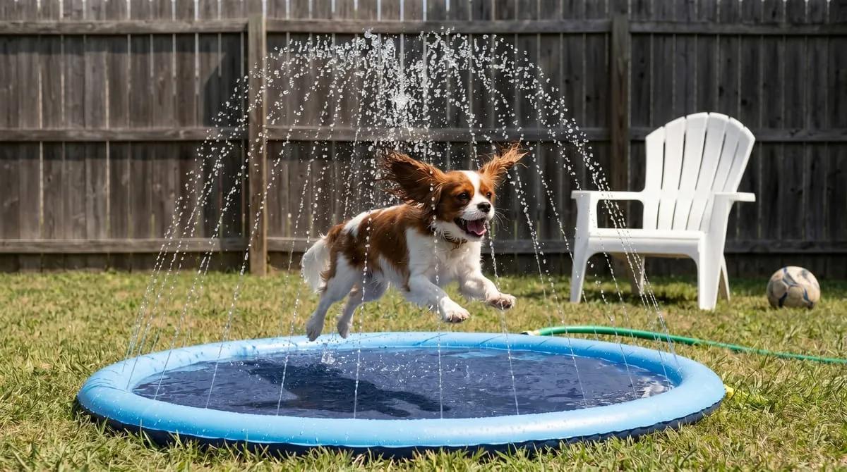Peteast circular dog splash pad — flat sprinkler mat connects to any garden hose, anti-slip 0.58mm thickened PVC base, doubles as a kid splash pad