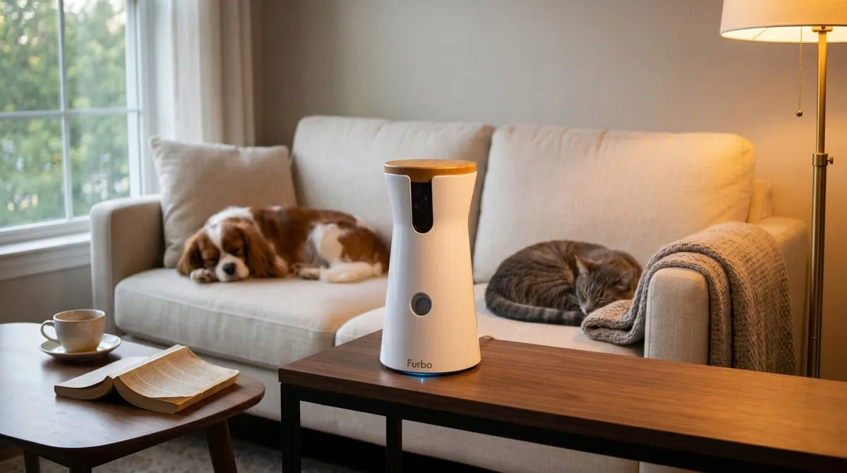 Furbo 360-degree dog camera with bamboo top — two-way audio, treat-tossing function, and barking alerts via phone app for remote monitoring