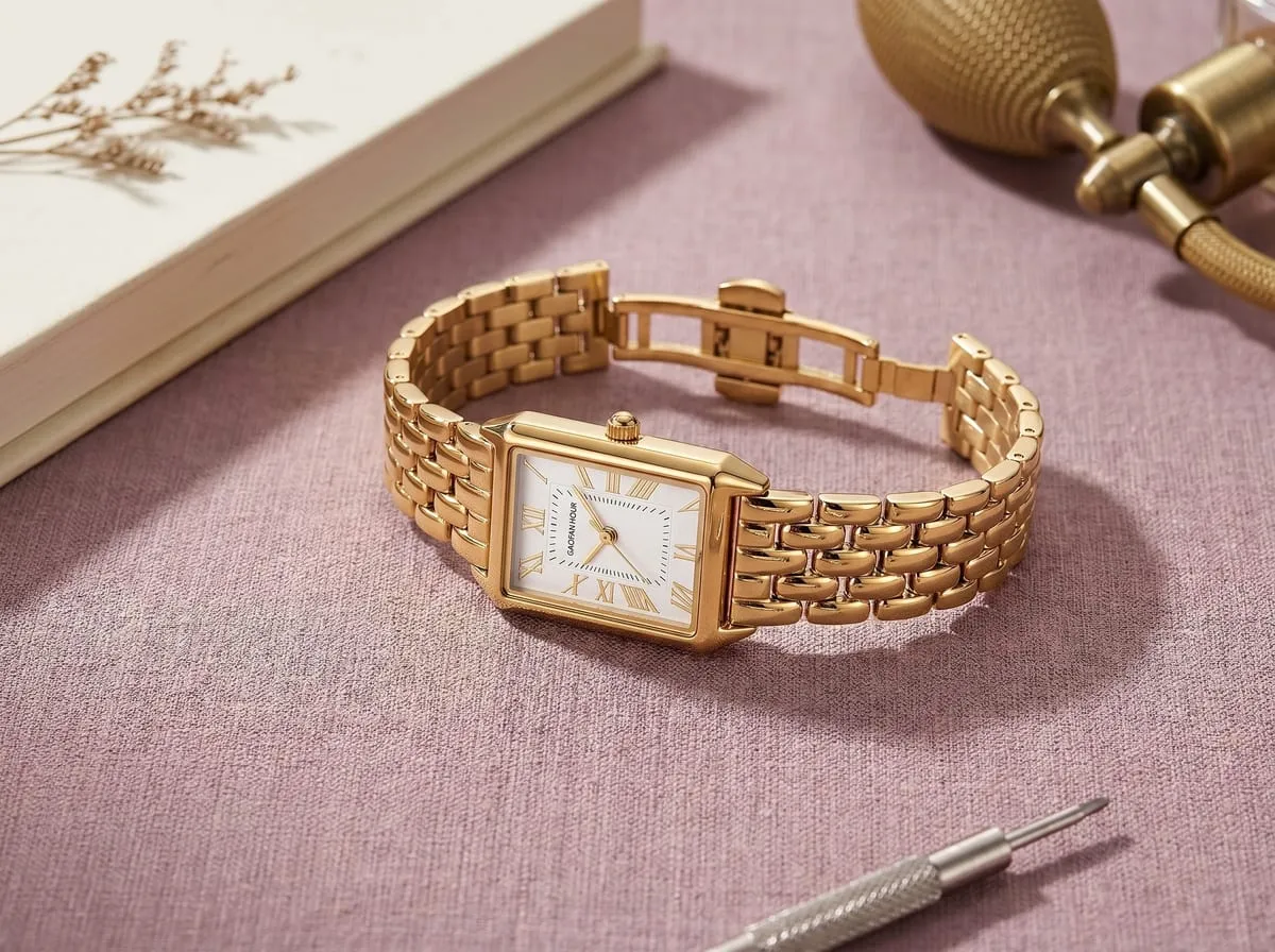 GAOFAN HOUR vintage rectangular gold watch — Cartier Tank–inspired silhouette with stainless steel case, included sizing tool, 3 ATM water resistance for daily wear