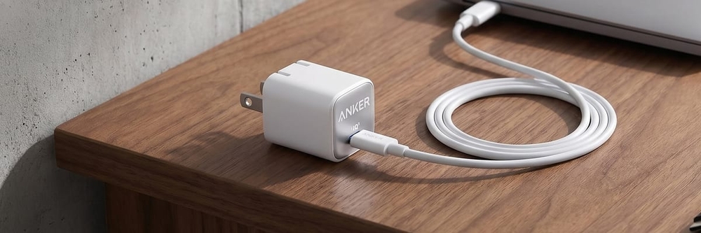 Anker Nano 30W USB-C charger on a walnut desk corner with a coiled white cable running up to a laptop, against a concrete wall