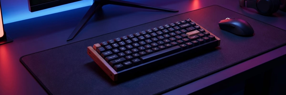 Keychron K2 HE Special Edition with aluminum frame and walnut accent on a dark desk mat, beside a wireless mouse under cool blue and red ambient gaming light