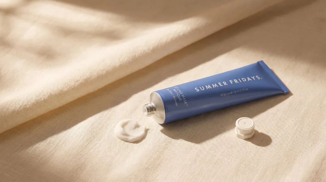 Summer Fridays Jet Lag Mask first impression — cobalt-blue tube on skincare flat-lay