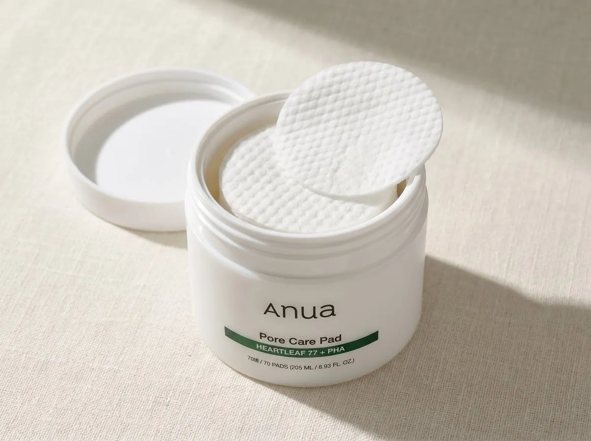 ANUA Heartleaf 77 Toner Pads open jar with a single dual-textured pad on a fingertip