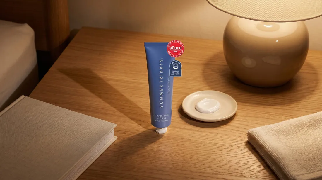 Overnight use — Jet Lag Mask on bedside nightstand