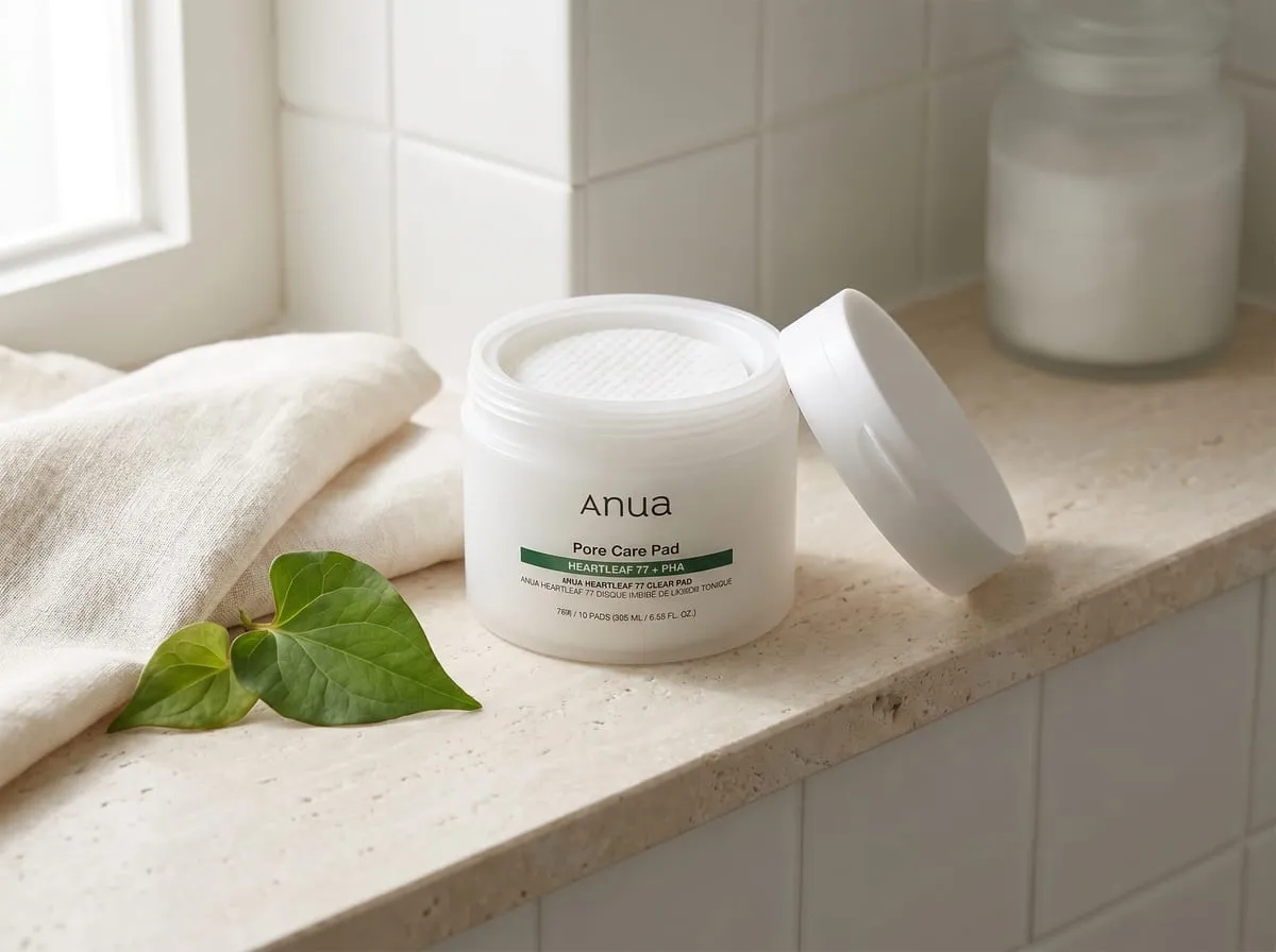 ANUA Heartleaf 77 Toner Pads on a bathroom shelf as part of a morning routine