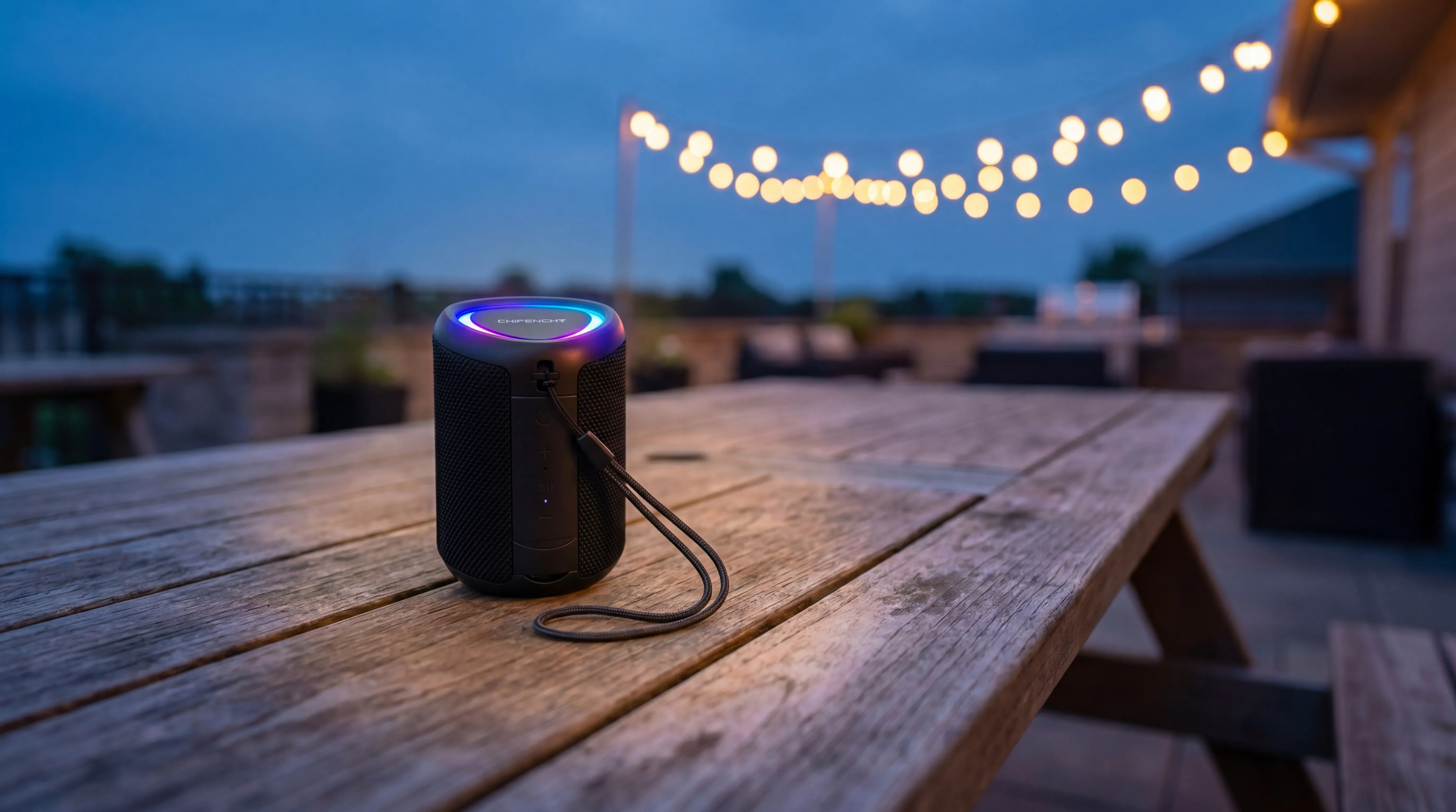 CHIFENCHY speaker at a campsite picnic table, LED ring glowing amber at dusk