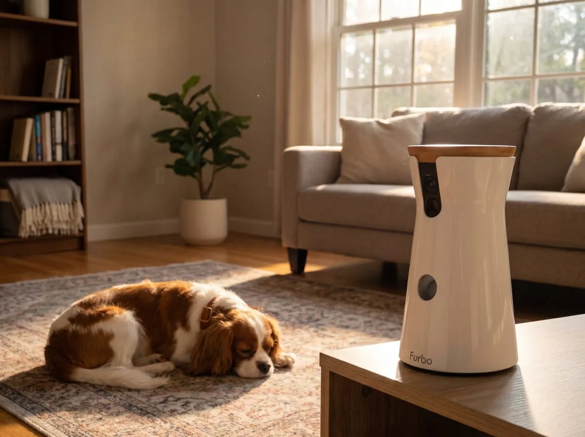 A dog resting alone in a warm sunlit living room during the day, the Furbo 360 dog camera watching from a side table while the owner is away